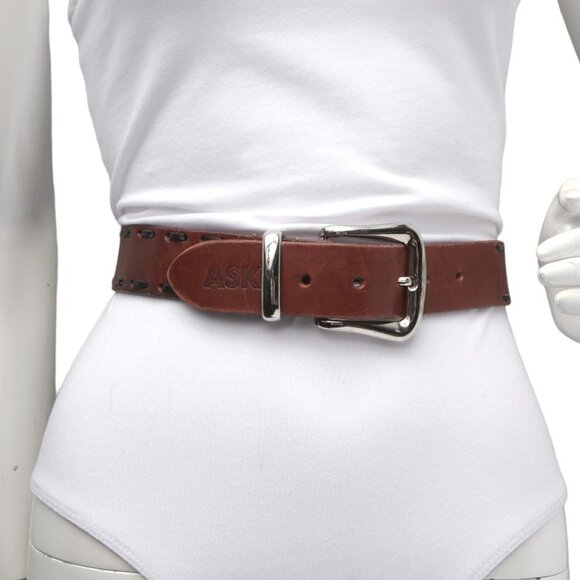 Vintage ASK Leather Belt Single Prong Contrast Trimmed Brown Black Silver Buckle - Picture 4 of 12